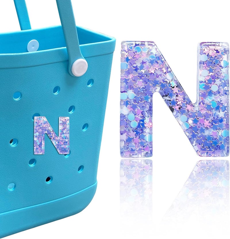 HLUWA Letter Charms for Bogg and Simply Southern Bags - Alphabet Purple Star Sequin Lettering Accessories - Insert Decorative Letters for Handbag Beach Tote - Image 1
